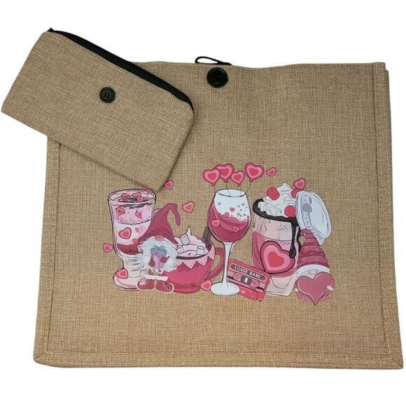 Beige Tote with Pink Heart Design - Picture 1 of 4